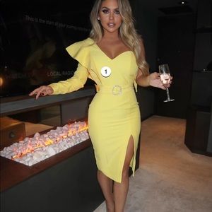 LAVISH ALICE one shoulder ruffle sleeve midi dress in pastel yellow ~